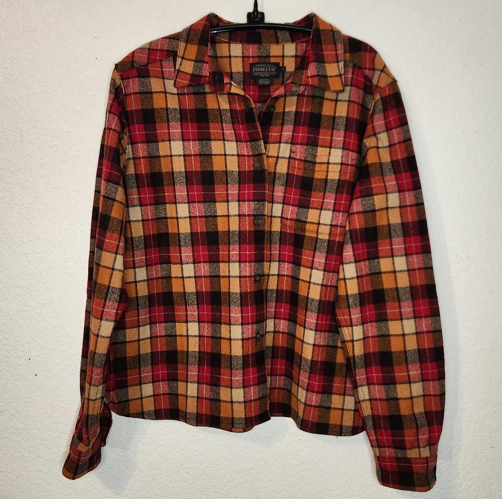 Pendleton Women's Lodge Shirt Virgin Wool Button Up, Red, Brown, & Tan, Size L